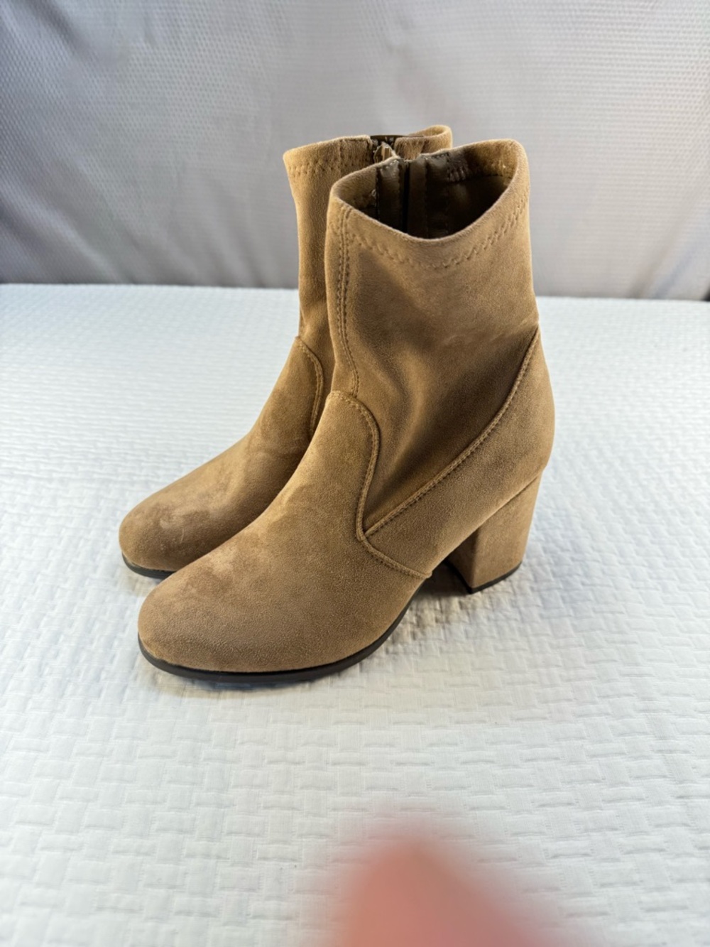 Buckle Camel Suede Mid-Heel Ankle Boots